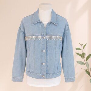 TGLA Denim Jacket Rhinestone Fringe Size M Light Wash Western Cowgirl Jean Coat